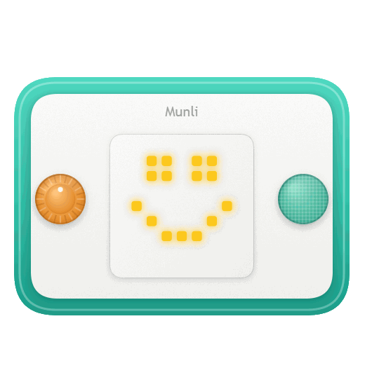 Munli device showing a smiling face, with an orange button and a green button